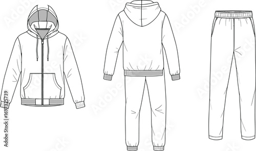 Cad drawing flat vector illustration, hoodie and sweatpants fashion template, technical clothing sketch, apparel design outline, unisex tracksuit mockup