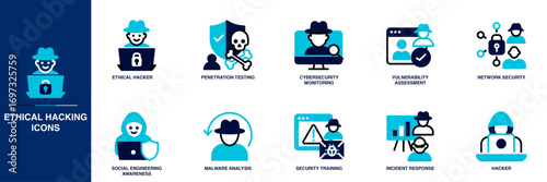 Ethical Hacking Blue Colored Outline Icon Set