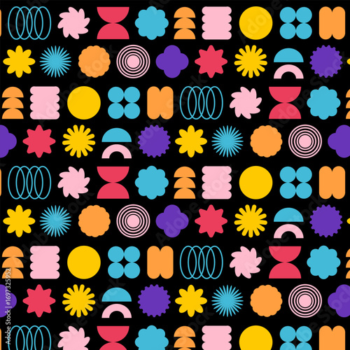 Retro geometric floral seamless patterns. Bright colorful abstract backgrounds. Vector set. Black Background
