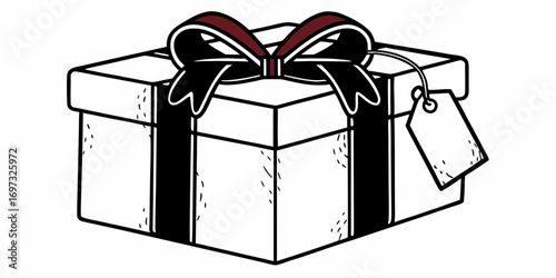 Illustration of a white gift box with a dark red ribbon and a blank tag attached to the present