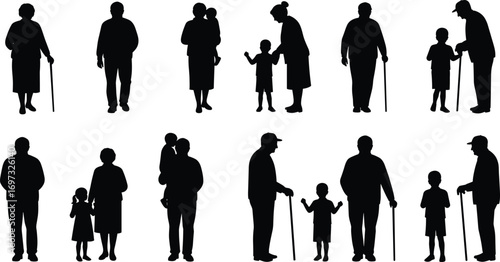 Elderly silhouette, grandparents with children, family generation, senior people with walking stick, bonding, lifestyle, support, togetherness, love, parenting, outdoor community
