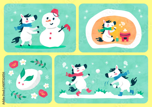 馬（午）のカードイラスト 雪遊び（雪だるま・かまくら・雪合戦・雪うさぎ） 水彩風