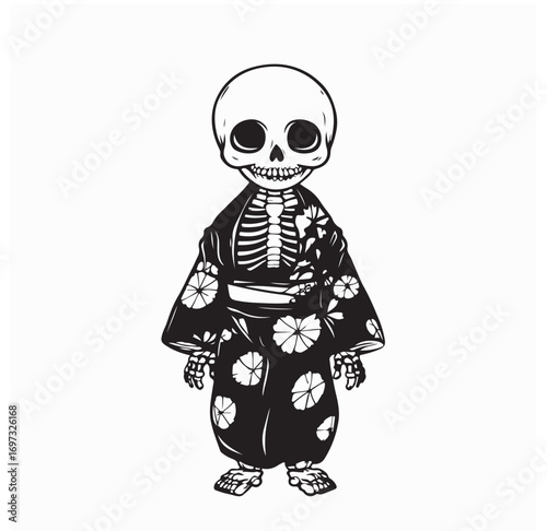 Funny Skeleton Character Dressed in Kimono Vector Design isolated on white background