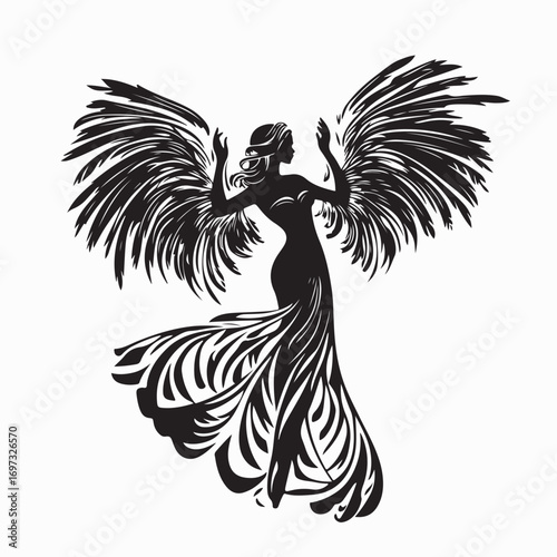 Serene Angelic Figure Dancing Gracefully Feathered Wings Vector on white background