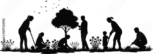 Family gardening silhouette, people planting trees, children helping parents, outdoor teamwork, nature care, environment protection, sustainability, green lifestyle, healthy activity