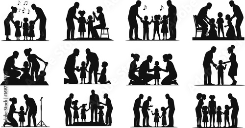 Family teaching children, parenting silhouettes, parents guiding kids, learning together, child development, education support, family love, growth, encouragement, inspiration, care