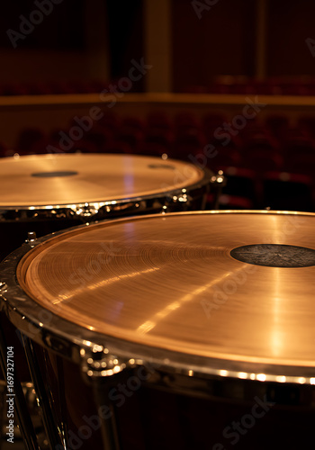 Close-up of two timpani drums with copper heads on a stage, ready for a musical performance.