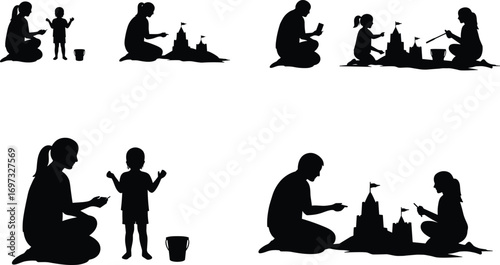 Parent and child silhouette building sandcastle, beach activity, family bonding, summer fun, lifestyle, vacation, togetherness, outdoor play, creative childhood