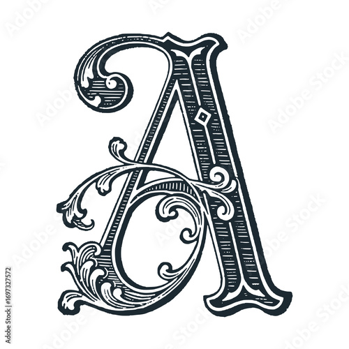 Letter A victoria style with curve floral decoration. Black white vector illustration.	