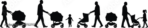 Parents with stroller silhouette, family walking, baby carriage, children, lifestyle bonding, parenting, outdoor activity, teamwork, love, support, happiness, community