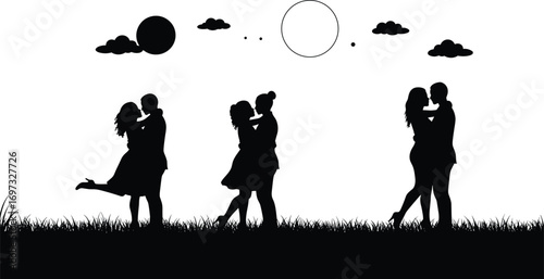 Romantic couple silhouette, love kissing scene, relationship bonding, people romance, outdoor lifestyle, passion, moonlight, sunset, nature background, togetherness, happiness