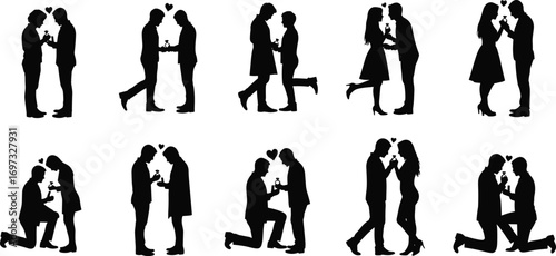 Romantic couple silhouette, proposal moment, engagement ring, love, marriage, relationship, happiness, commitment, romantic scene, man woman proposal