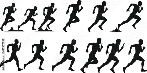Silhouette athlete sprinting, running sequence, relay baton race, track and field sports, marathon training, speed competition, fitness sprint, athletics motion