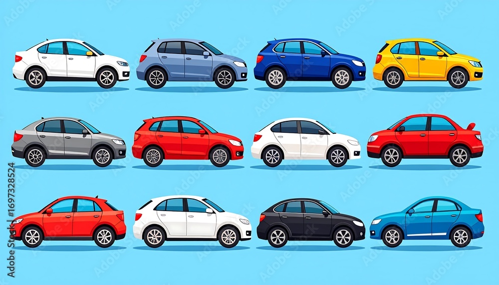 Fototapeta premium Colorful car profiles on light blue background