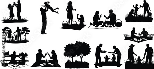 Silhouette family outdoor picnic, parents and children bonding, picnic basket, leisure time, summer activity, happy family together, outdoor celebration love