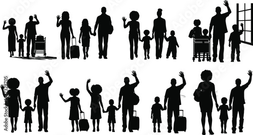 Silhouette family travel farewell, parents and children waving, luggage, airport departure, travel journey, togetherness, goodbye moment, vacation trip, travel lifestyle