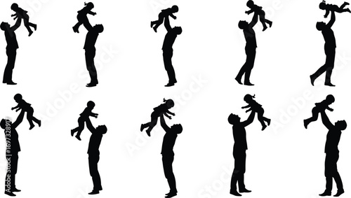 Silhouette father lifting child, parent holding baby, family bonding, parenting love, dad and kid playtime, joyful connection, fatherhood care