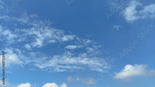 Photography Beautiful clear blue sky with scattered white clouds, symbolizing freedom, freshness, peace, and nature
