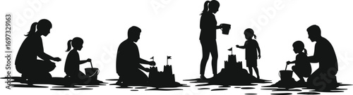 Silhouette of family building sandcastle on beach, children with parents playing, summer vacation, bonding, outdoor fun, lifestyle, creative childhood