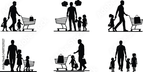 Silhouette of father shopping with children, grocery cart, family supermarket visit, parenting care, family bonding, shopping bags, fatherhood responsibility