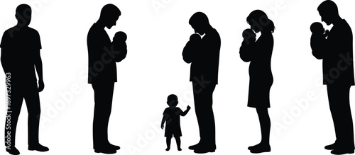 Silhouette of parents holding baby, family bonding, child care, motherhood, fatherhood, newborn love, childhood moments, parenting lifestyle, togetherness illustration