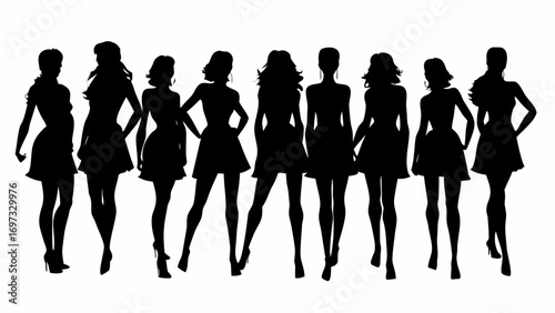 Diverse group of elegant women showcasing fashion silhouettes in dynamic poses, perfect for style inspiration.