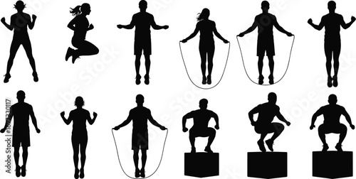 Silhouette people doing jump rope, skipping exercise, plyometric training, fitness workout, cardio activity, endurance, agility, sport, strength, healthy lifestyle