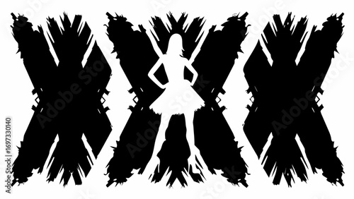 Confident silhouette woman stands empowered against bold abstract graphic design, ready for action