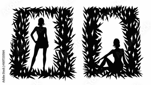 Elegant silhouettes of women framed by stylized foliage create a sophisticated and artistic composition
