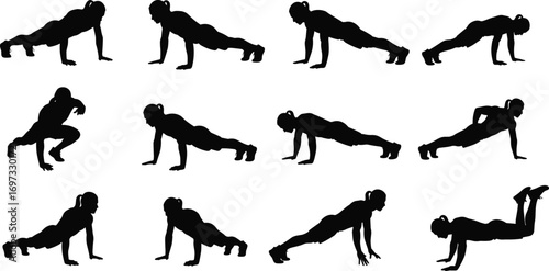 Silhouette people doing push ups, fitness workout, bodyweight exercise, strength training, core workout, endurance, gym activity, health, lifestyle, sport