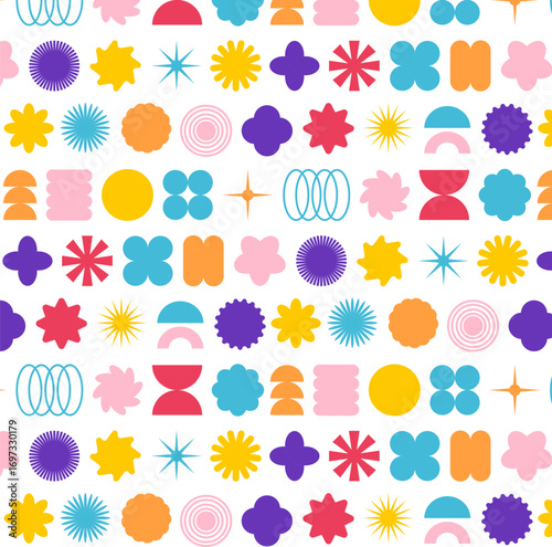 Retro geometric floral seamless patterns. Bright colorful abstract backgrounds. Vector set.
