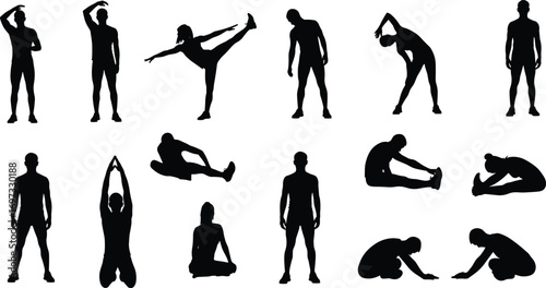 Silhouette people doing stretching exercises, yoga poses, fitness routine, flexibility training, meditation practice, body balance, healthy lifestyle, wellness activity, workout