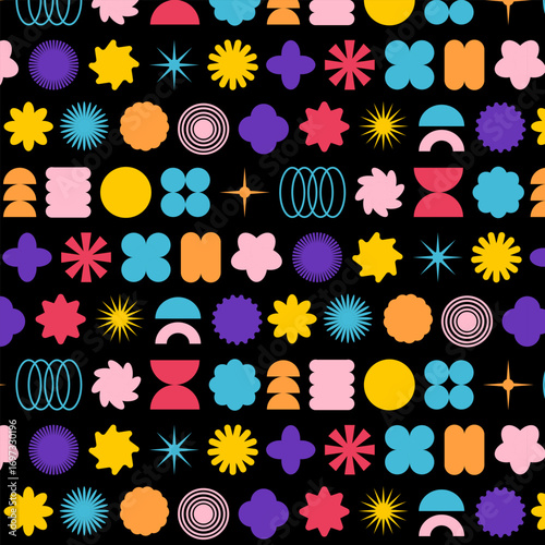 Retro geometric floral seamless patterns. Bright colorful abstract backgrounds. Vector set.
Black Background
