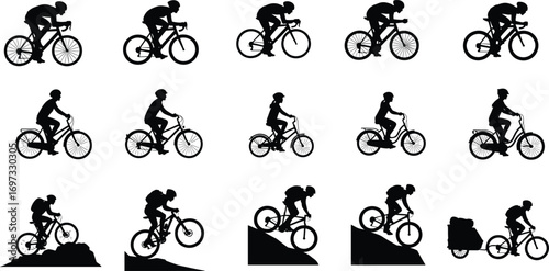 Silhouette people riding bicycles, cycling sport, mountain biking, road biking, fitness activity, outdoor adventure, healthy lifestyle, transportation, exercise, freedom