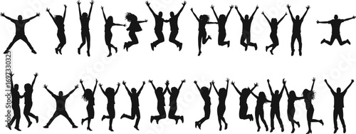 Silhouette people jumping, group celebration, happy friends, freedom energy, youth lifestyle, dancing silhouettes, teamwork joy, party crowd, excitement movement, success