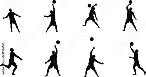 Silhouette volleyball player jumping, hitting ball, spike serve action, sports fitness game, athlete training, beach volleyball match, competitive team play