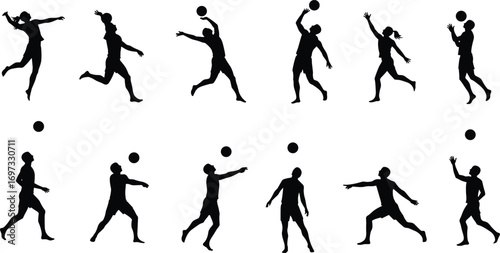 Silhouette volleyball players jumping, hitting ball, serving, spiking, action training, sports fitness, competitive match, beach volleyball game, athletic movement