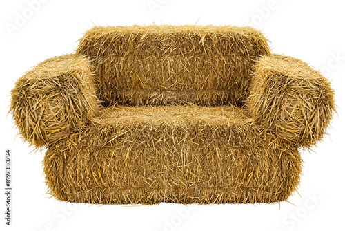 Rustic armchair made from bales of hay for outdoor seating isolated on a transparent background