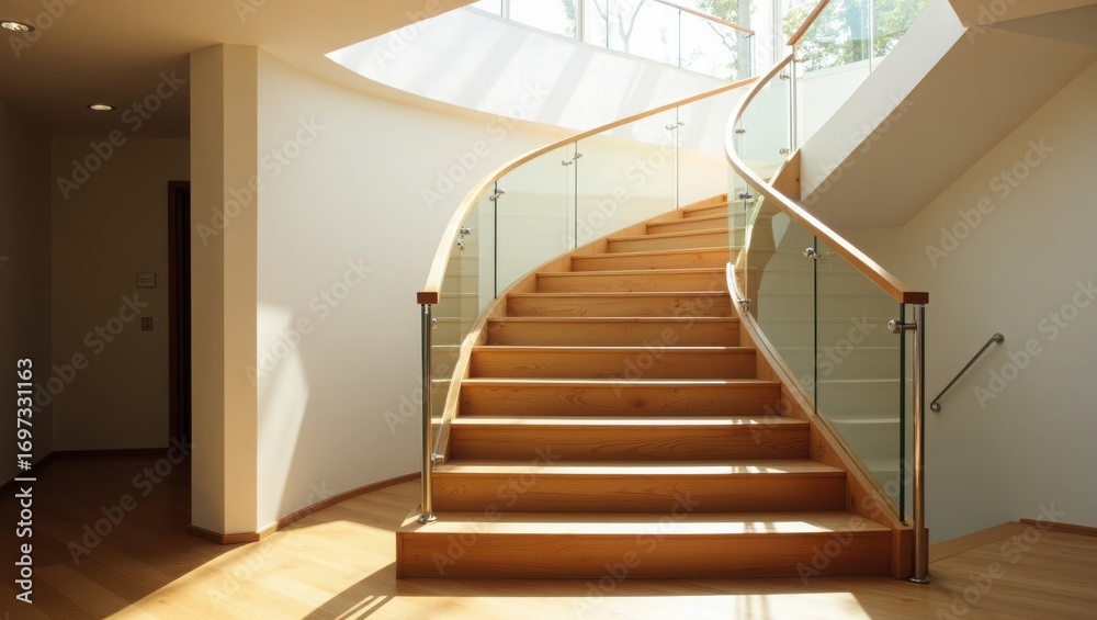 Fototapeta premium staircase in a modern house, Modern wooden staircase with sleek glass railing bath, 