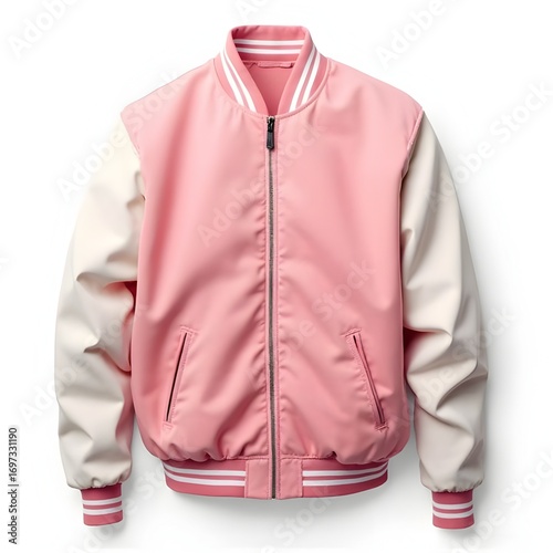Stylish pink and white varsity jacket isolated on a white background for fashion design
