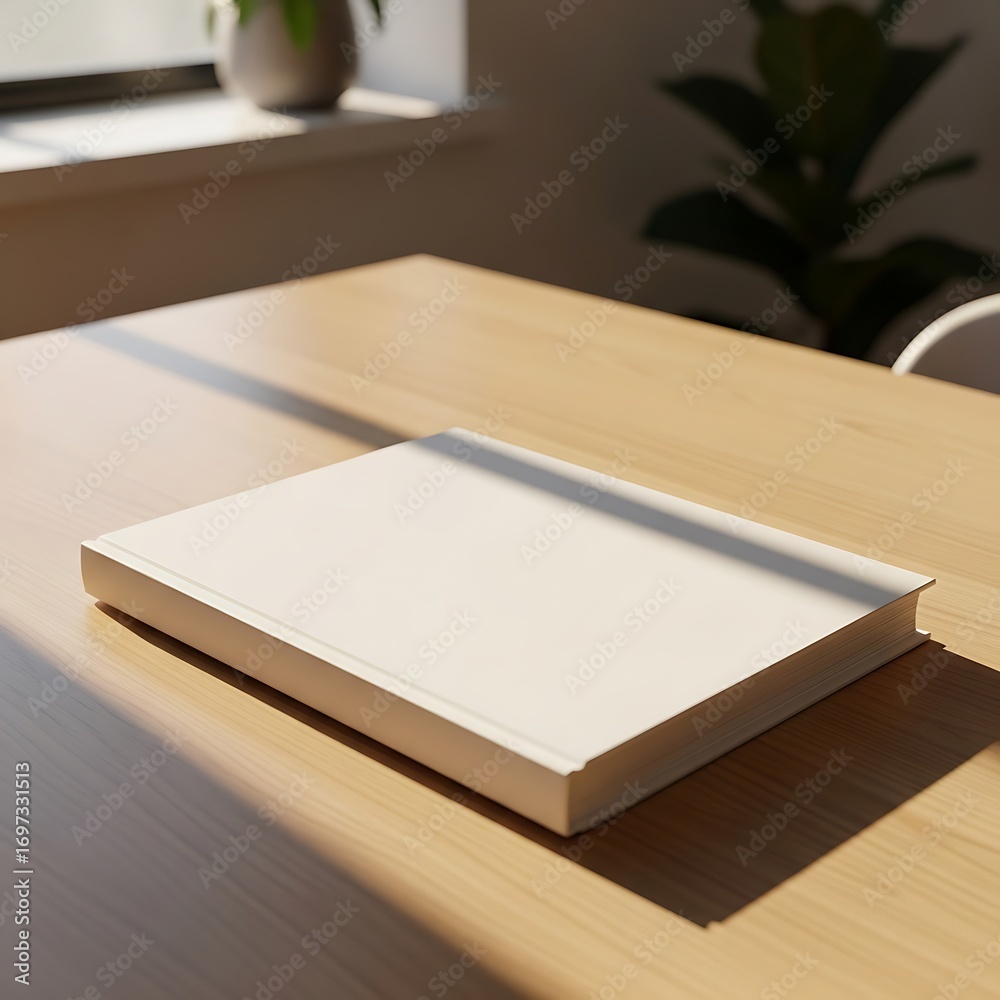 Fototapeta premium Blank book mockup on a wooden surface with sunlight and plant decor