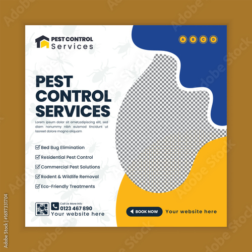 Pest Control Services Social Media Post and Web Square Banner Design Template for insect removal, termite treatment, rodent control, cockroach prevention, professional extermination, and hygiene care