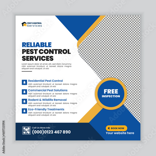 Pest Control Services Social Media Post and Web Square Banner Design Template for insect removal, termite treatment, rodent control, cockroach prevention, professional extermination, and hygiene care