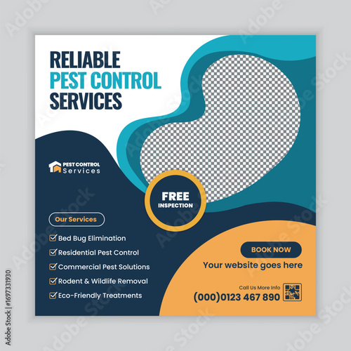 Pest Control Services Social Media Post and Web Square Banner Design Template for insect removal, termite treatment, rodent control, cockroach prevention, professional extermination, and hygiene care