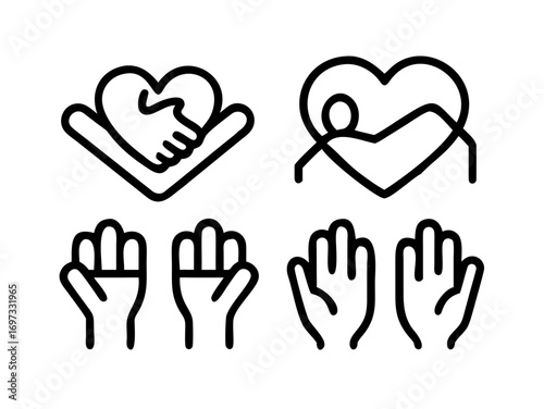 Love, friendship, care and charity concept editable stroke outline icons set isolated on white background flat vector illustration. Pixel perfect.