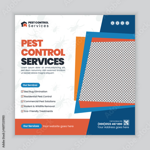 Pest Control Services Social Media Post and Web Square Banner Design Template for insect removal, termite treatment, rodent control, cockroach prevention, professional extermination, and hygiene care