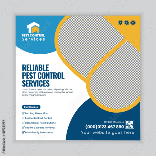 Pest Control Services Social Media Post and Web Square Banner Design Template for insect removal, termite treatment, rodent control, cockroach prevention, professional extermination, and hygiene care