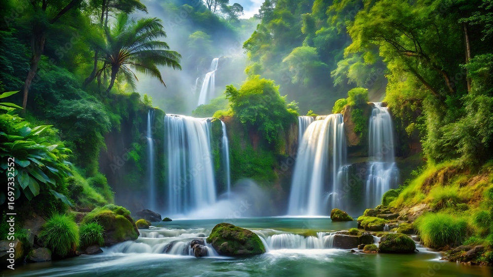 Obraz premium Majestic waterfalls cascading through lush tropical forest landscape scenic beauty