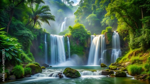 Majestic waterfalls cascading through lush tropical forest landscape scenic beauty