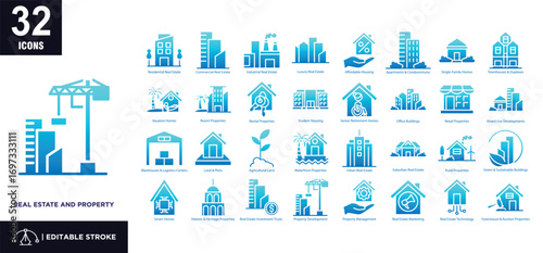  Real Estate and Property glyph gradient icon set